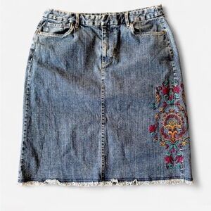 Kate Hill Blue Denim Pencil Skirt with Embroidery